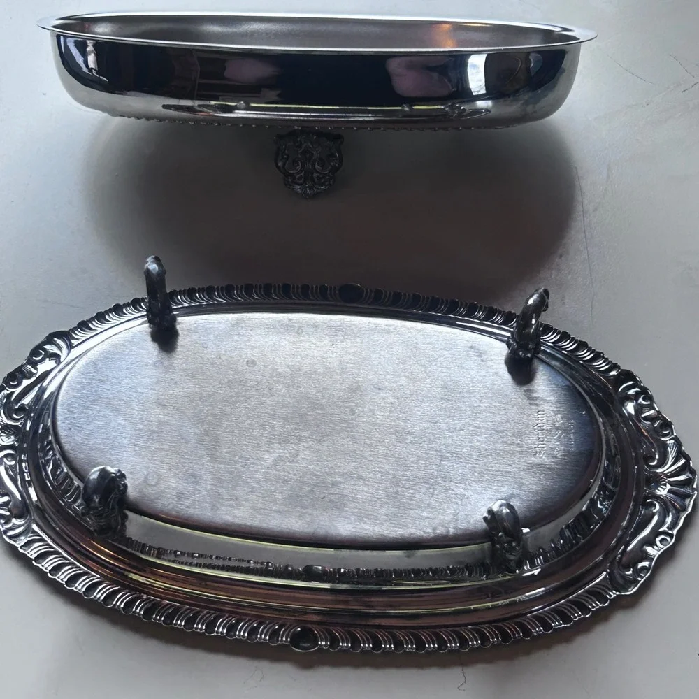 Vintage Sheridan Silverplate Footed Butter Dish Oval Lid Gadroon Lion Paw Feet